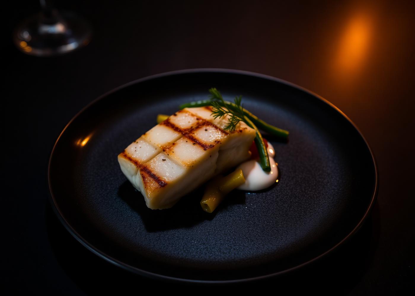 Halstrad fisk med dillgrädde på en mörk keramiktallrik