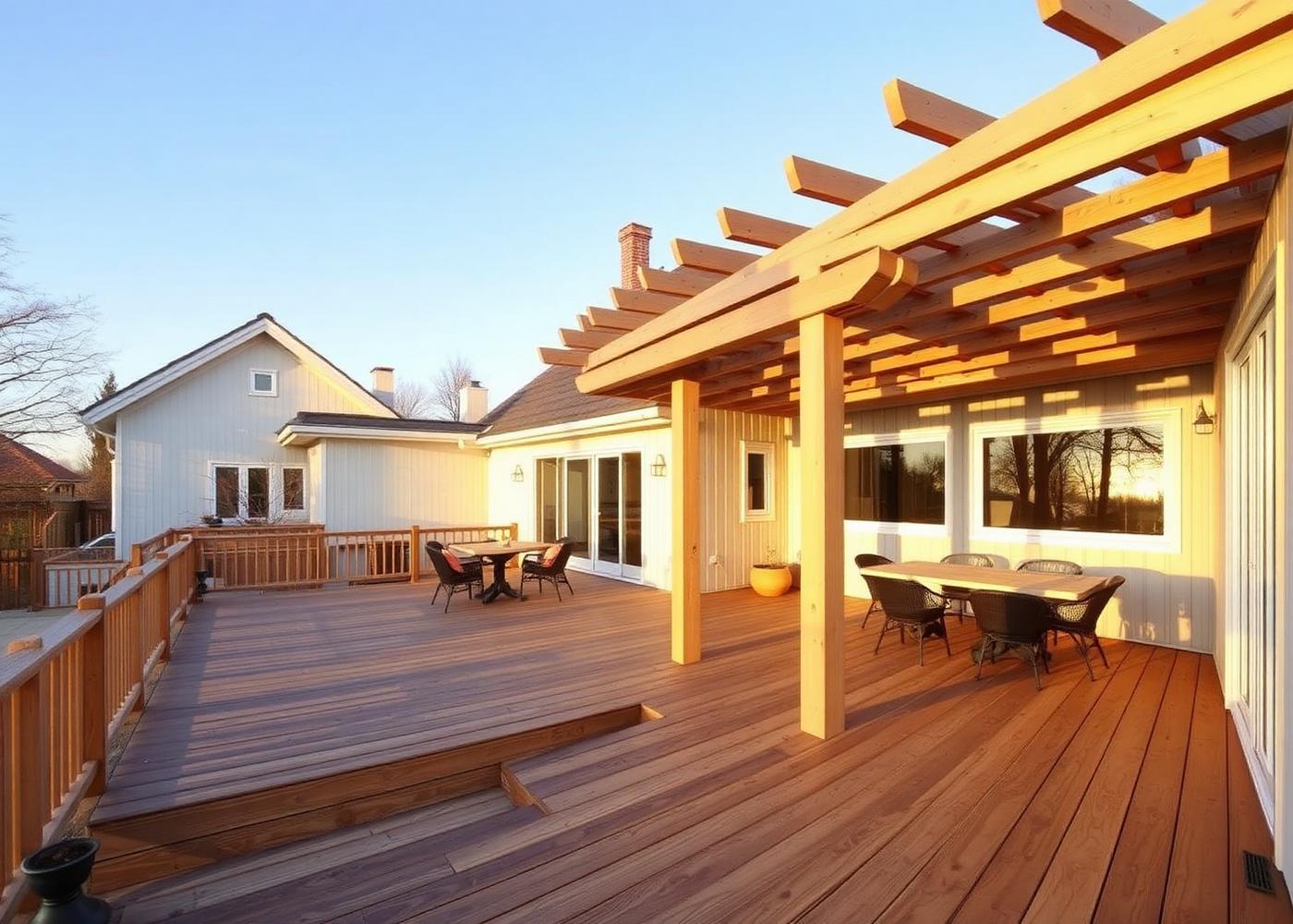 Stor trätrall med pergola i solnedgång vid ett vitt hus