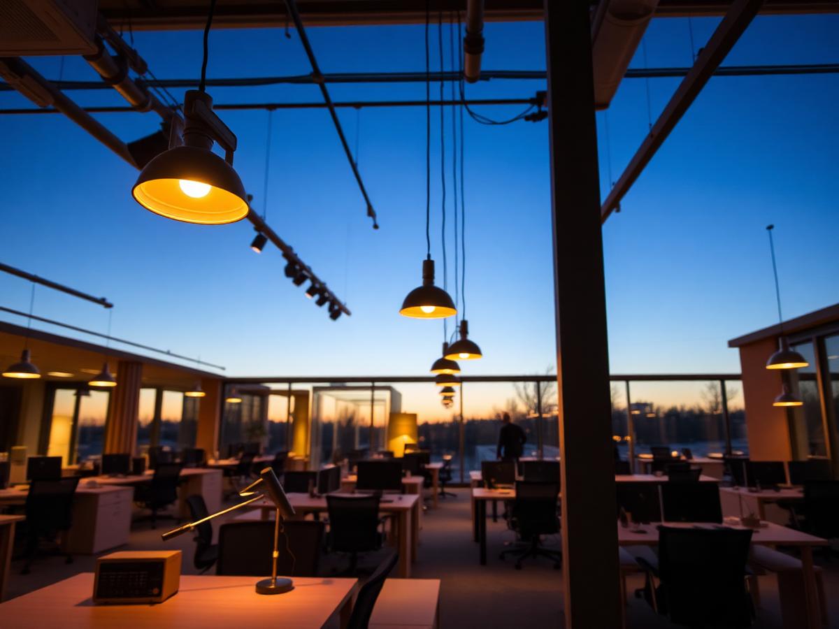 Kontor med ny takbelysning i skymning