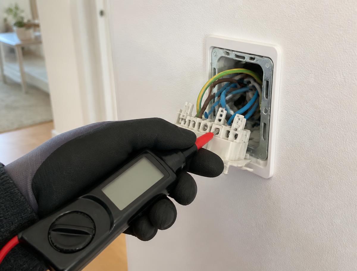 Elektriker som mäter i ett vägguttag med multimeter