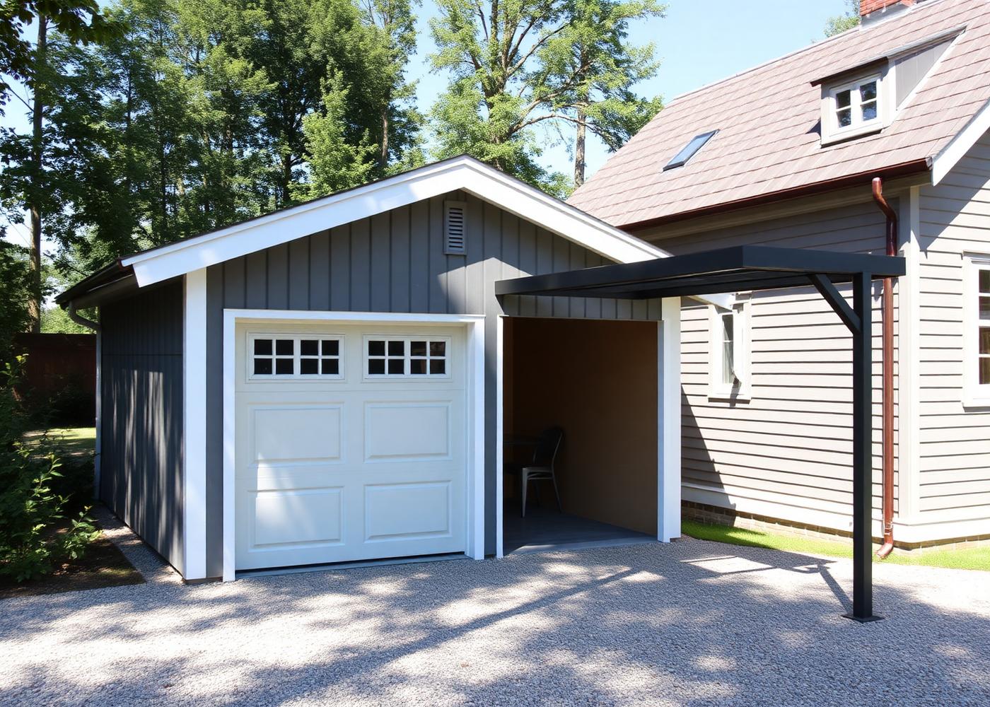 Nybyggt grått garage med carport bredvid ett bostadshus