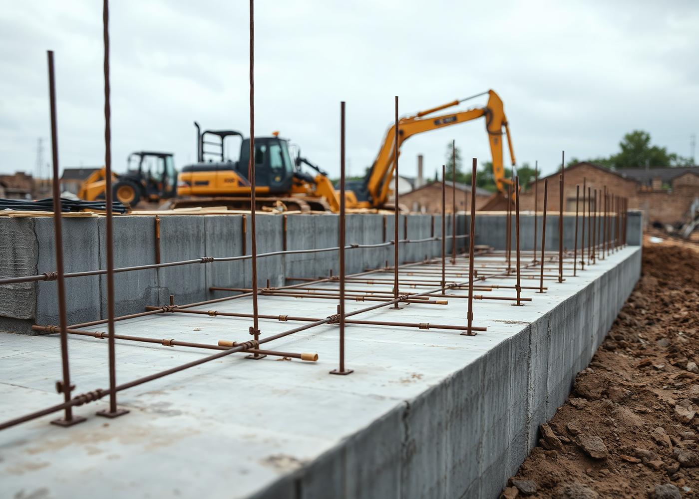 Gjuten betongplatta med armering på en byggarbetsplats