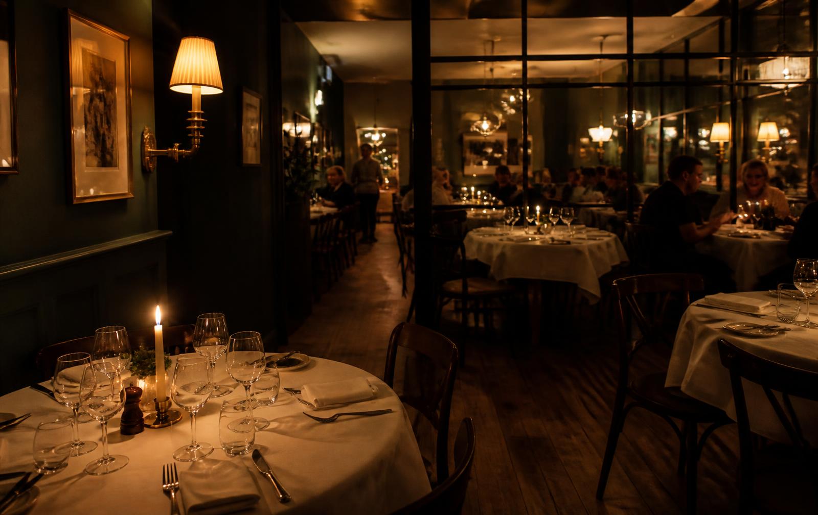 Levande ljus och dukade bord i en varm, mörk bistrolokal på kvällen