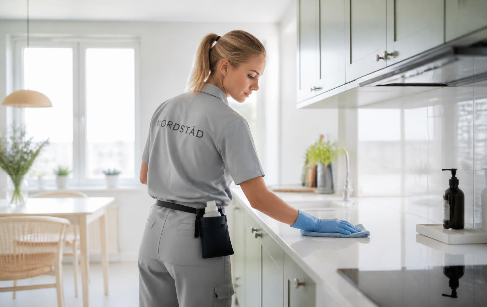 Städare i ljus uniform som torkar av en bänkskiva i ett ljust kök
