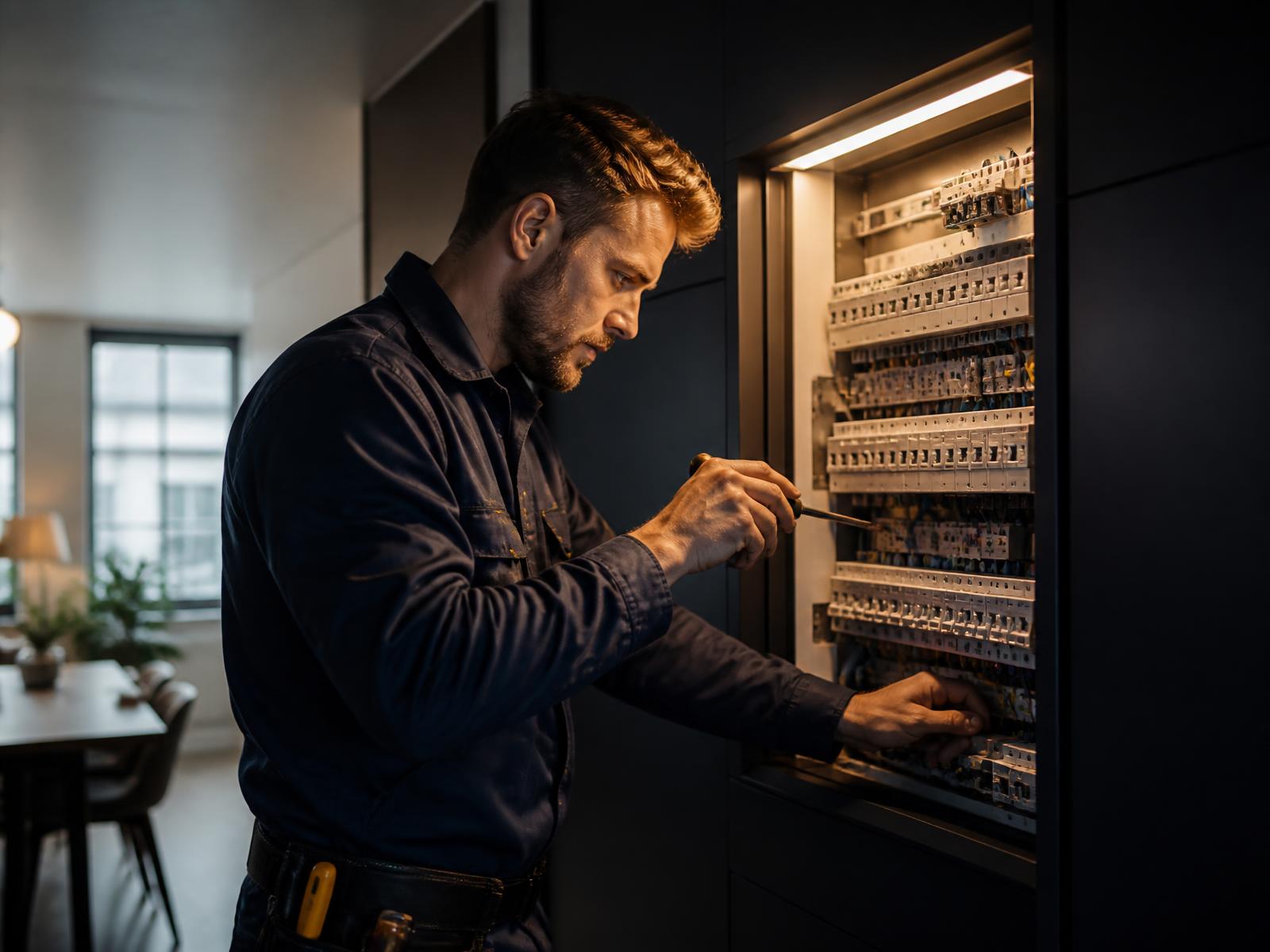Elektriker som arbetar i en nyinstallerad elcentral i ett hem