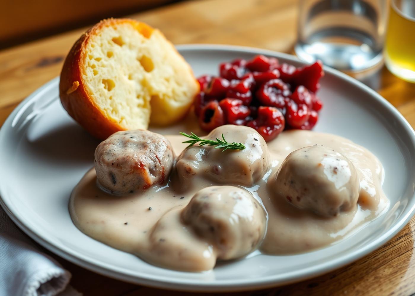 Lunchtallrik med köttbullar, gräddsås och lingonsylt