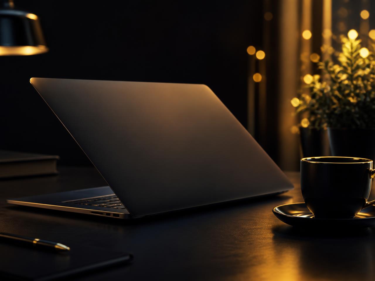 Laptop på ett mörkt skrivbord i varmt gyllene ljus