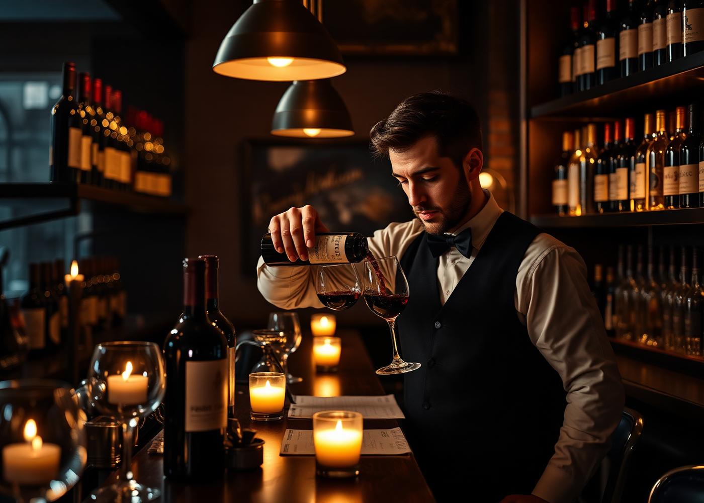 Sommelier som häller rödvin i ett glas vid en mörk bar